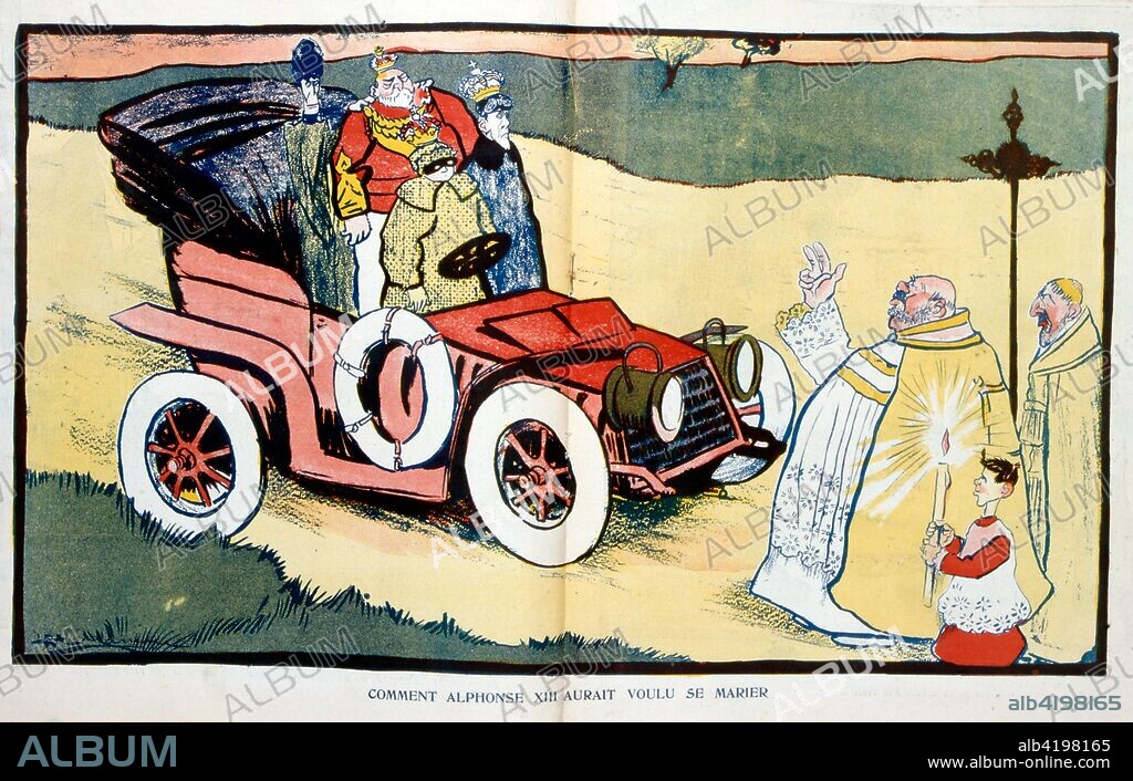 caricature of the marriage of the Spanish King, Alfonso XIII;1906, showing King Edward VII and Queen Alexandra of Britain driving with the Spanish King and Queen. Illustration from 'L'Assiette au Beurre', an illustrated French weekly satirical magazine with anarchist political leanings that was chiefly produced between 1901 and 1912. Alfonso XIII (1886 – 1941) was King of Spain from 1886 until the proclamation of the Second Republic in 1931. Victoria Eugenie of Battenberg (1887 –1969) was wife of Alfonso and granddaughter of Queen Victoria of Britain.