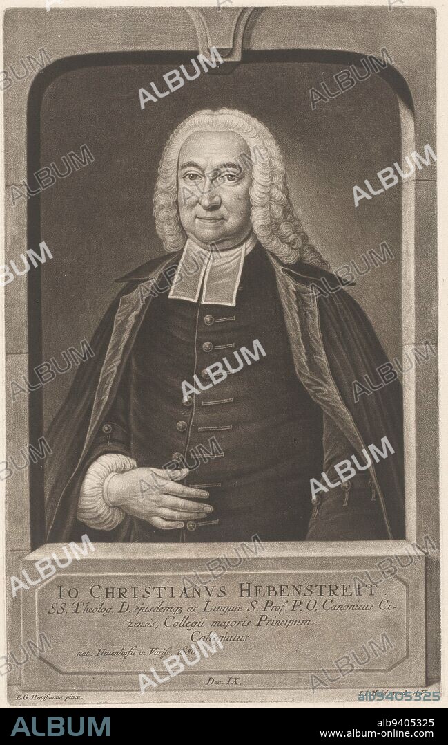 With caption in Latin, Portrait of Johann Christian Hebenstreit, print maker: Johann Jacob Haid, (possibly), after: Elias Gottlob Hausmann, (mentioned on object), publisher: Johann Jacob Haid, (mentioned on object), Augsburg, 1752, paper, h 320 mm × w 200 mm.