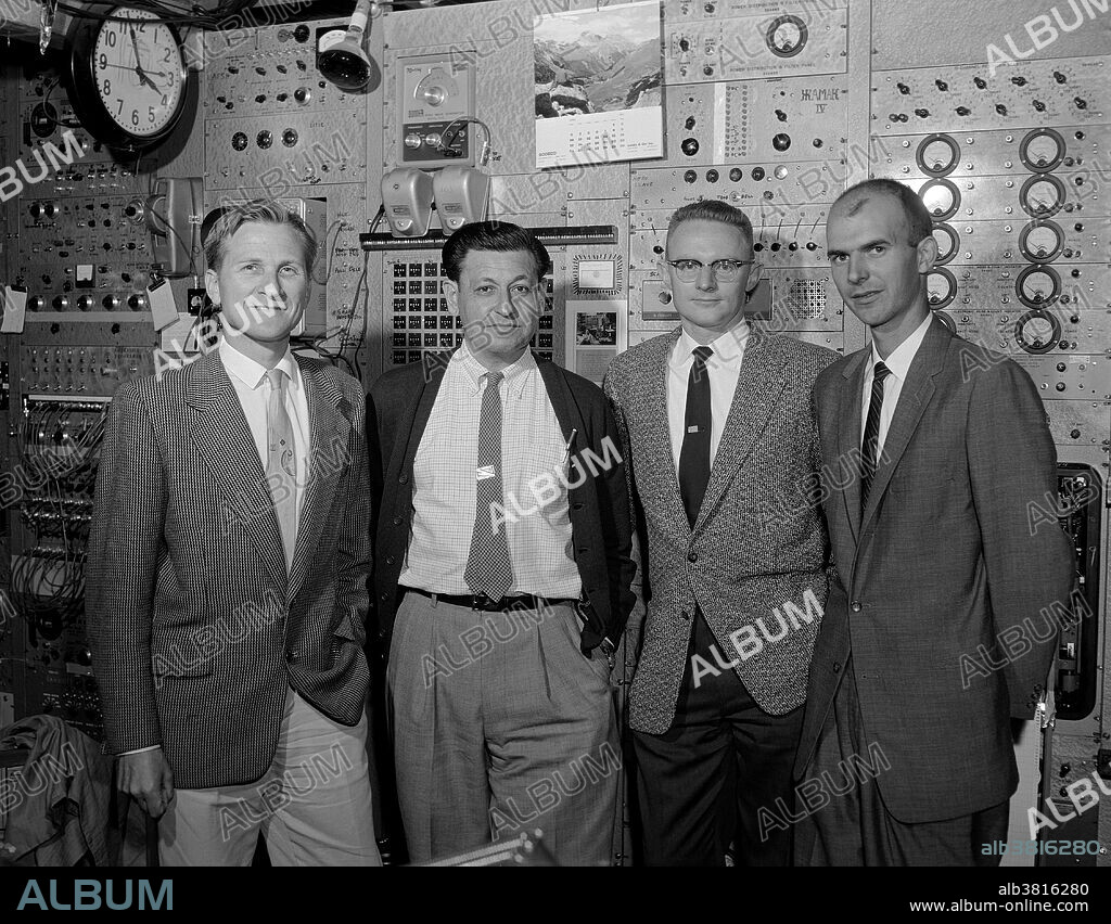 The co-discoverers of lawrencium (Lr, element 103), HILAC building, Lawrence Berkeley Laboratory (LBL), 1961. Left to right: Torbjorn Sikkeland, Albert Ghiorso, Almon E. "Bud" Larsh,and Robert M. Latimer. The first important work on element 103 was carried out at Berkeley by the nuclear-physics team of Albert Ghiorso, Torbjorn Sikkeland, Almon Larsh, Robert M. Latimer, and their co-workers on February 14, 1961. The first atoms of lawrencium were reportedly produced by bombarding a three-milligram target consisting of three isotopes of the element californium with boron-10 and boron-11 nuclei from the Heavy Ion Linear Accelerator (HILAC).