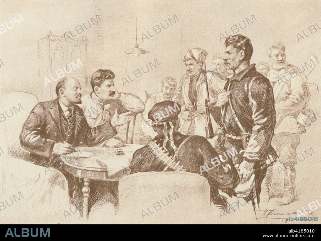 'Lenin and Stalin Speaking to Red Guards in the Smolny, 1917', (1939). Russian communist revolutionaries Vladimir Ilich Lenin (1870-1924) and Joseph Stalin (1879-1953) speaking to volunteer Red Guards in Saint Petersburg. Stalin became General Secretary of the Central Committee of the Russian Communist Party in 1922, and after the death of Lenin in 1924, effectively became ruler of the Soviet Union. From Stalin on Lenin. [Foreign Languages Publishing House, Moscow, 1939].