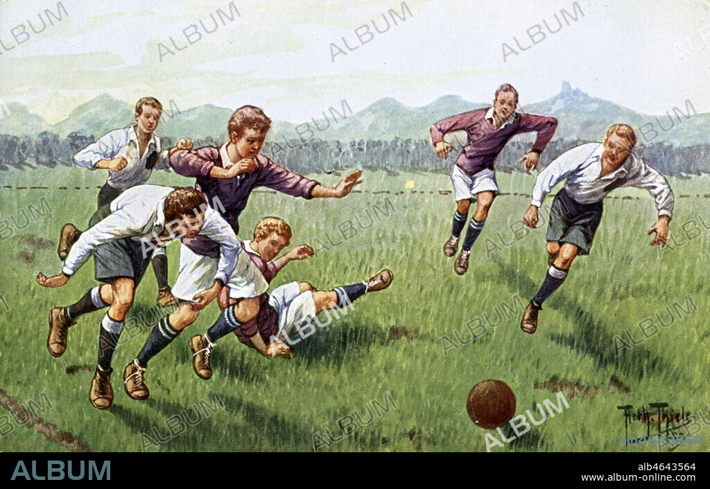 Match de football. Illustration par Arthur THIELE (1860-1936) pour une serie de cartes postales vers 1910. Credit : Collection IM/KHARBINE-TAPABOR.