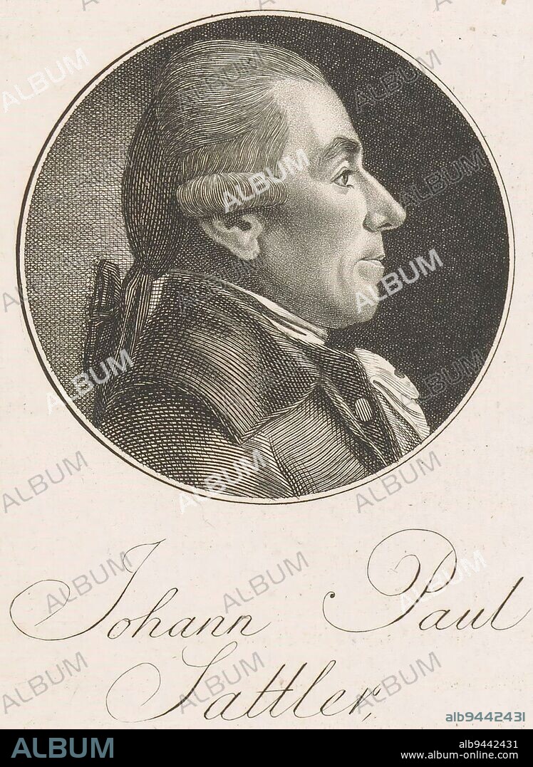 Portrait of Johann Paul Sattler, Christoph Wilhelm Bock, after Leonhard Heinrich Hessell, 1791, print maker: Christoph Wilhelm Bock, (mentioned on object), intermediary draughtsman: Leonhard Heinrich Hessell, (mentioned on object), Neurenberg, 1791, paper, engraving, etching, h 145 mm - w 90 mm.