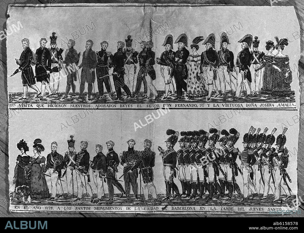 GRABADO-VISITA DE FERNANDO VII Y ESPOSA DOÑA JOSEFA AMALIA A BARCELONA 1828 EL JUEVES SANTO  - FOTO AÑOS 80.