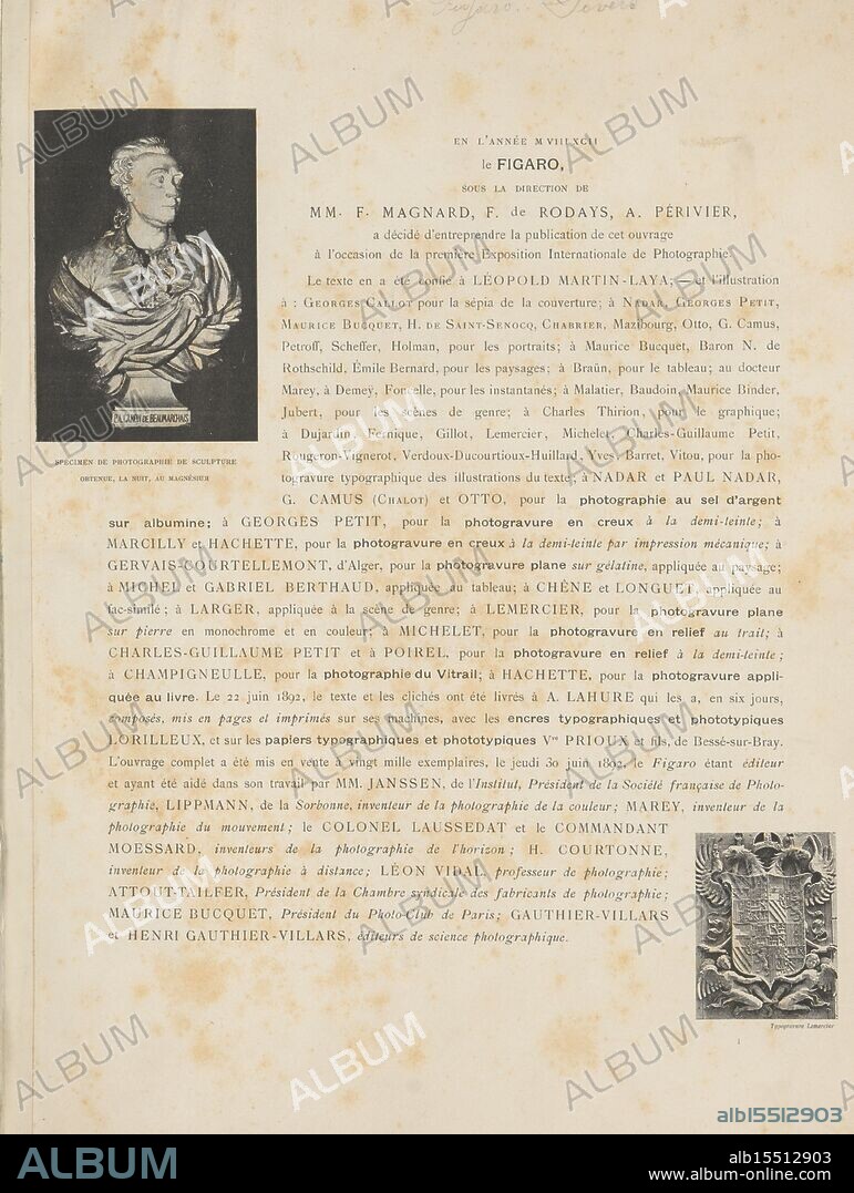 Figaro-photographe, inside front cover - handwritten, Book is bound together with Figaro-Salon and Figaro-Illustré., book, photos, photographically illustrated books, JAN 1987, height 145 mm, width 330 mm, thickness, 34 mm.