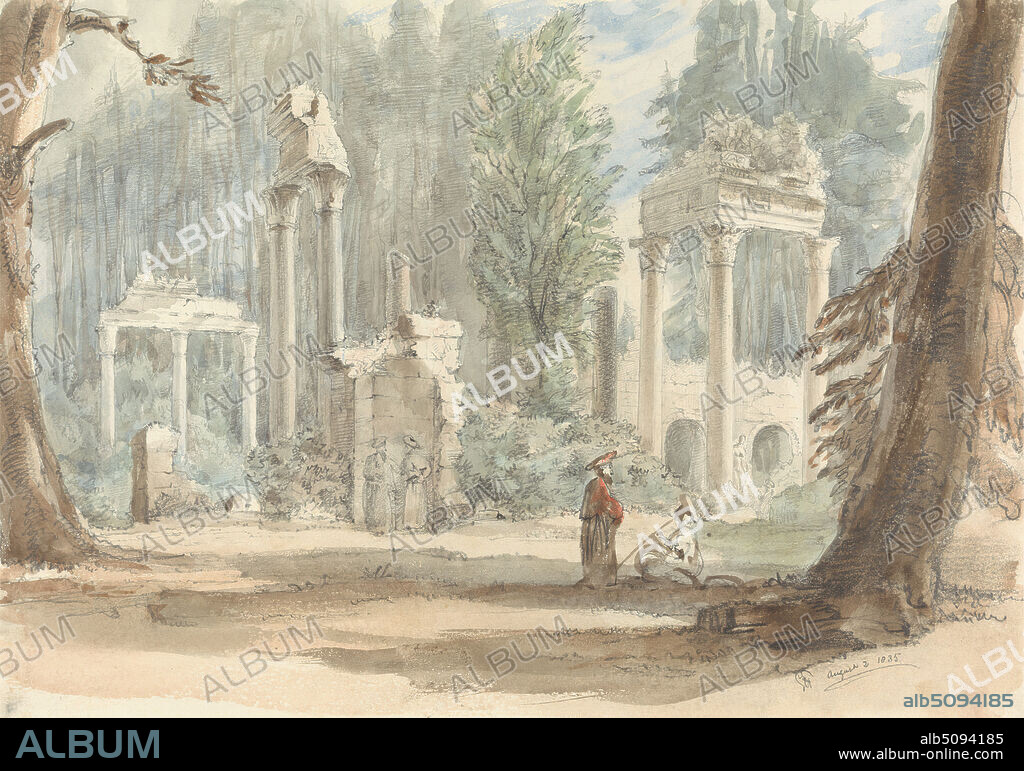 The Ruins from Leptis Magna as they Appeared in the Royal Park at Virginia Water, Sir George Hayter, 17921871, British, 1835, Watercolor and graphite on moderately thick, slightly textured, cream wove paper, Sheet: 9 × 13 inches (22.9 × 33 cm), ancient, architectural subject, architecture, columns, Roman, ruins, England, Leptis Magna, Libya, Surrey, United Kingdom, Virginia Water.