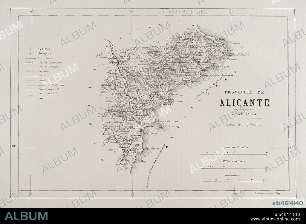 Spain. Map of Alicante province, 19th century. Cronica General de Espa–a. Historia Ilustrada y Descriptiva de sus Provincias. Valencia, 1867.