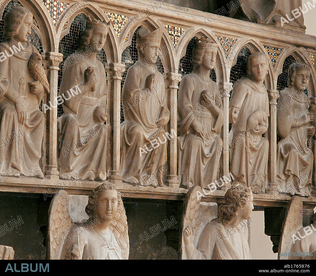 Monument of Queen Mary of Hungary, by Tino di Camaino, 1325, 14th Century,. Italy, Campania, Naples, Santa Maria Donnaregina Church, wall of the left nave. Detail. Ark sarcophagus figures in Gothic multi lobed niches mosaic squinch children Mary of Hungary Bishop St Louis of Toulouse Charles Martel Louis of Anjou king queens symbols angels caryatids.