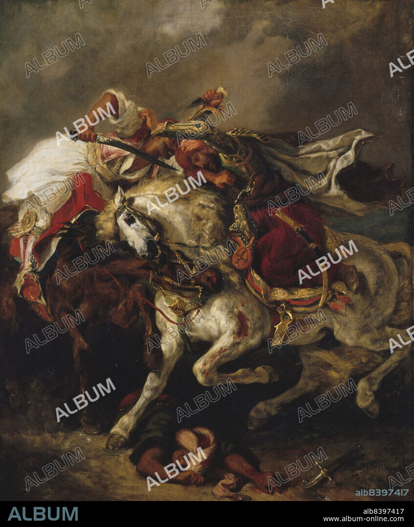 EUGENE DELACROIX. Le Combat du Giaour et du Pacha, 1835. The Combat of the Giaour and Hassan. Inspired by a poem by Lord Byron, this painting represents the decisive fight between the Giaour, mounted on a black horse, and the Pasha Hassan, on his white horse. Giaour had fallen in love with Leila, a slave in Hassan's harem, but Hassan had discovered this and had her killed. The Giaour (an offensive Turkish word for infidel or non-believer) tears off the fabric covering the chest of the pasha to reach his heart with the sharp blade of his sabre. The pasha, with a dagger in his right hand, tries to repel his attacker with the other hand. The ferocity of the struggle is also expressed in the attitude of horses, the black horse biting the white horse, which, already injured in the thigh, tramples on a corpse.