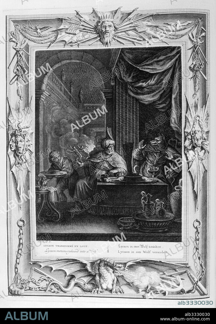 Lycaon transforms into a wolf. Engraved illustration from 'The Temple of the Muses', 1733. This book represented remarkable events of antiquity drawn and engraved by Bernard Picart (1673-1733). Greek mythology, Lycaon (king of Arcadia), tested Zeus by serving him the roasted flesh of his son Nyctimus, in order to see whether Zeus was truly omniscient.