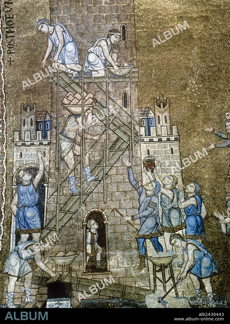 ARTE BIZANTINO. ITALIA. "LA CONSTRUCCION DE LA TORRE DE BABEL". Mosaico del atrio de la Basílica de San Marcos, datado entre los siglos XII-XIV de patente tradición bizantina. Venecia.