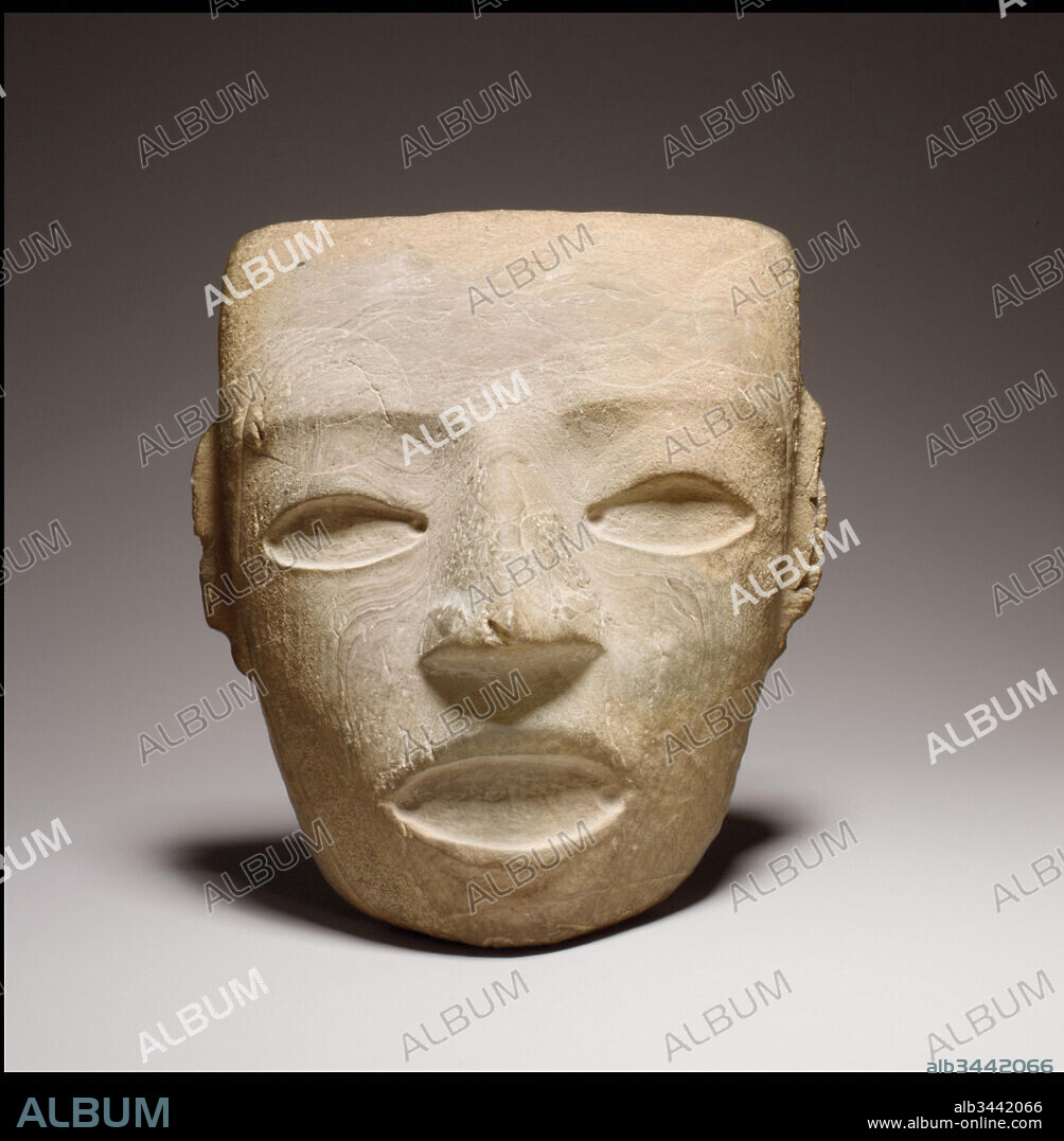Mask, 3rd–7th century, Mexico, Mesoamerica, Teotihuacan, Onyx marble (tecalli), H. 7 1/2 x W. 6 1/2 x D. 3 3/8 in. (19.1 x 16.5 x 8.6 cm), Stone-Sculpture, There was no tradition of portraiture at the great central Mexico city of Teotihuacan, but masks depicting the human face are abundant in the style associated with the site. With its geometrically rendered horizontal brow, triangular nose, and oval mouth and eyes, this mask depicts the idealized facial type that seems to function as a symbol, similar to other standardized motifs present in the art of Teotihuacan.