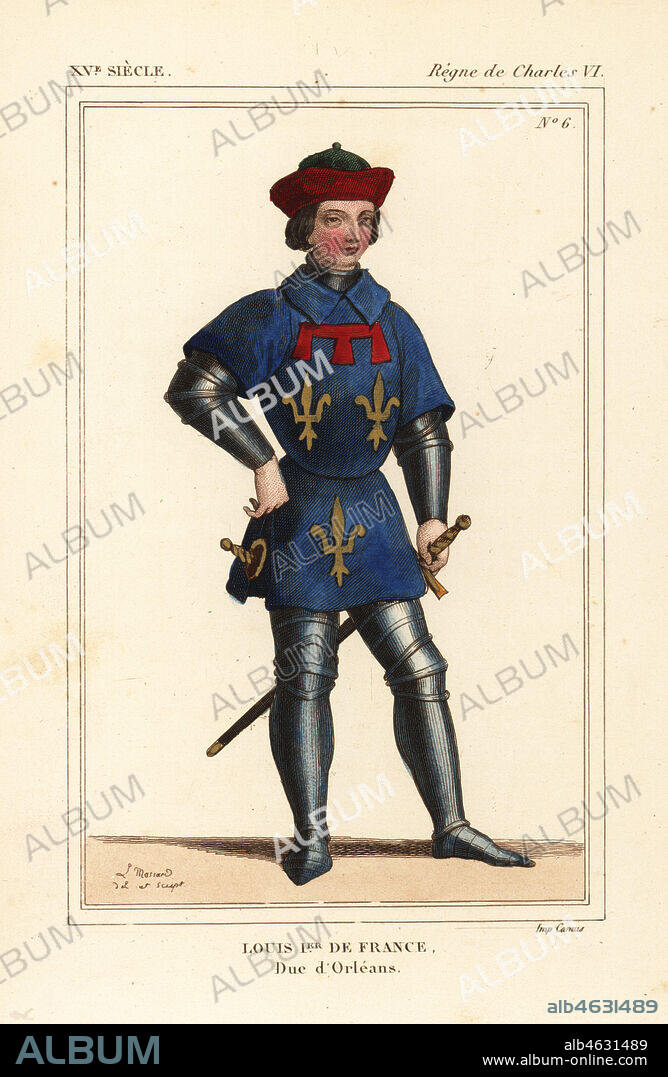 Louis I Duke of Orleans, duc d'Orleans, comte de Valois, second son of King Charles V of France, 1371-1407. Handcoloured lithograph by Leopold Massard after a fresco in the Carmelite cloisters in Toulouse from Le Bibliophile Jacob aka Paul Lacroix's Costumes Historiques de la France (Historical Costumes of France), Administration de Librairie, Paris, 1852.