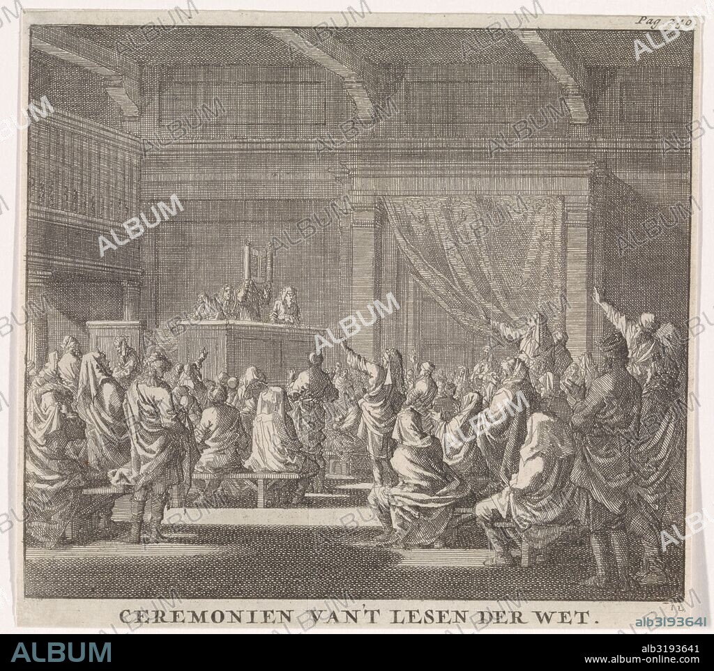Synagogue where a rabbi reads, print maker: Jan Luyken, Daniel van den Dalen, Hendrik van Damme, 1702.