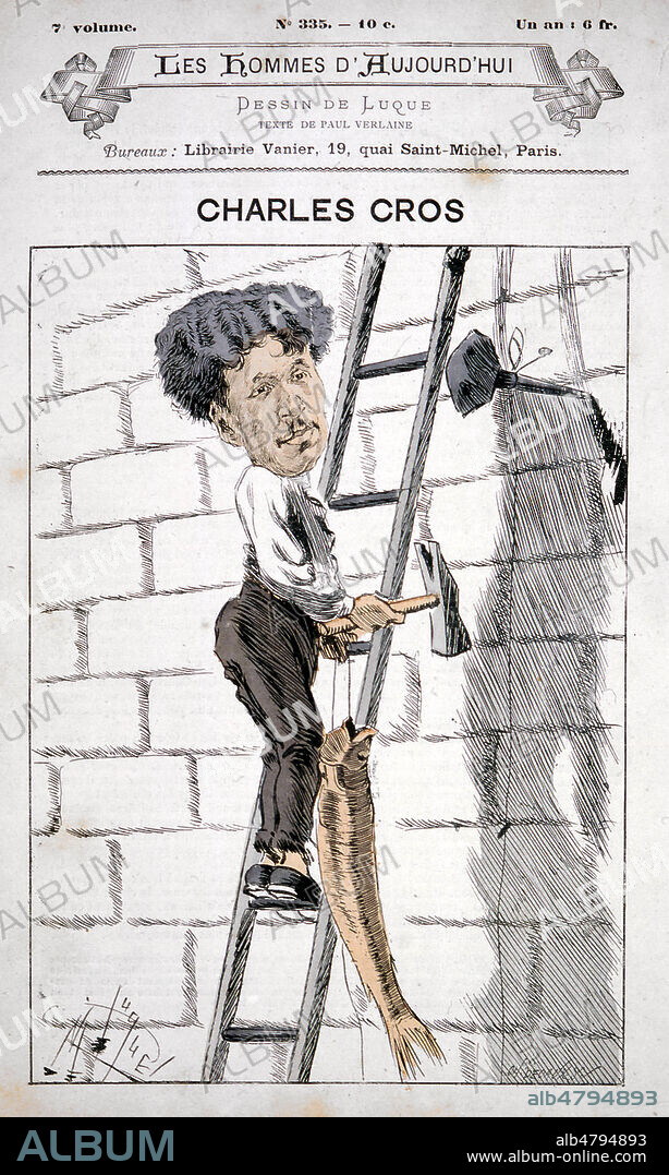 Caricature de Charles CROS (1842-1888) realisee par Manuel LUQUE (1854-1924) vers 1850 dans un recueil intitule 'Les Hommes d'aujourd'hui' (Charles Cros a compose un poeme dont le titre est Le Hareng Saur). Credit : Collection KHARBINE-TAPABOR.