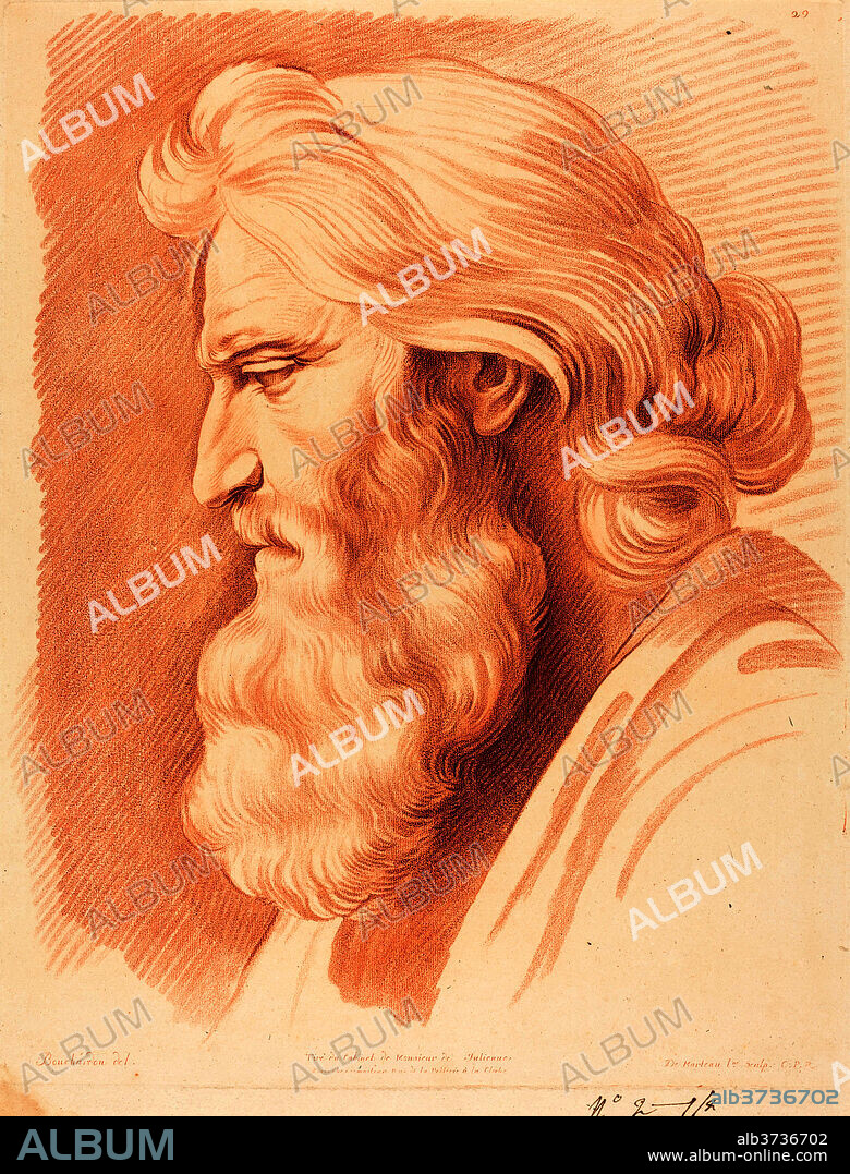 GILLES-ANTOINE DEMARTEAU AFTER EDME BOUCHARDON. Head of a Venerable Man. Dimensions: plate: 57.6 x 45 cm (22 11/16 x 17 11/16 in.)  sheet: 65.7 x 50.2 cm (25 7/8 x 19 3/4 in.). Medium: chalk manner print in red.