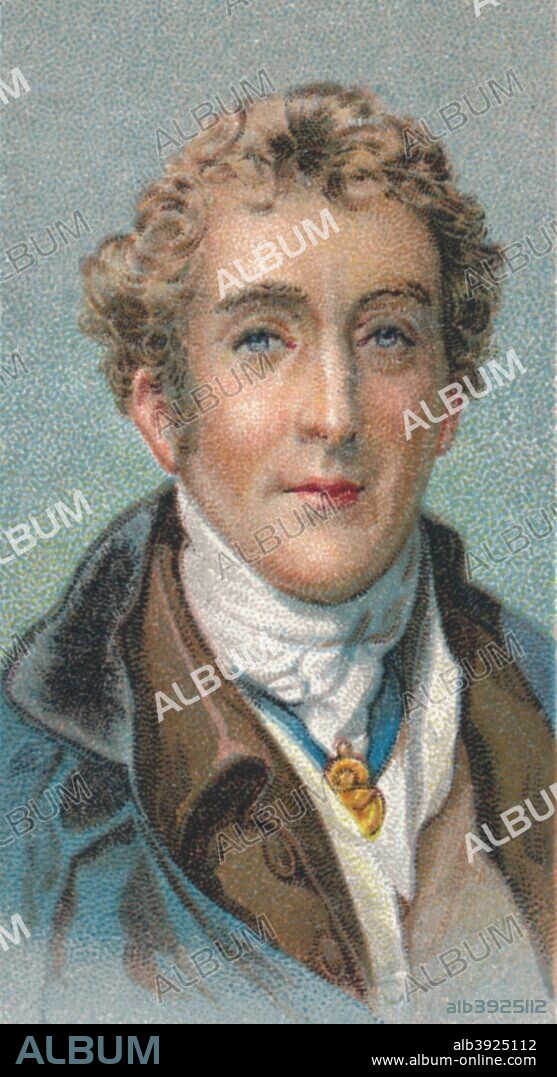 Arthur Wellesley, 1st Duke of Wellington, British soldier and statesman. Wellesley (1769-1852) commanded the victorious British forces in the Peninsular War, for which he was promoted to Field Marshal and made a duke. In 1815 he inflicted the final defeat on Napoleon at Waterloo. Christened the 'Iron Duke', Wellington served as Prime Minister in 1828-1830, but his intransigent opposition to parliamentary reform led to him being compelled to resign. His death was marked by a grand funeral and the honour of a burial in St Paul's Cathedral alongside the other great British military hero of the Napoeonic Wars, Nelson. Taken from the 'Leaders of Men' cigarette cards produced by Ogdens 1924.