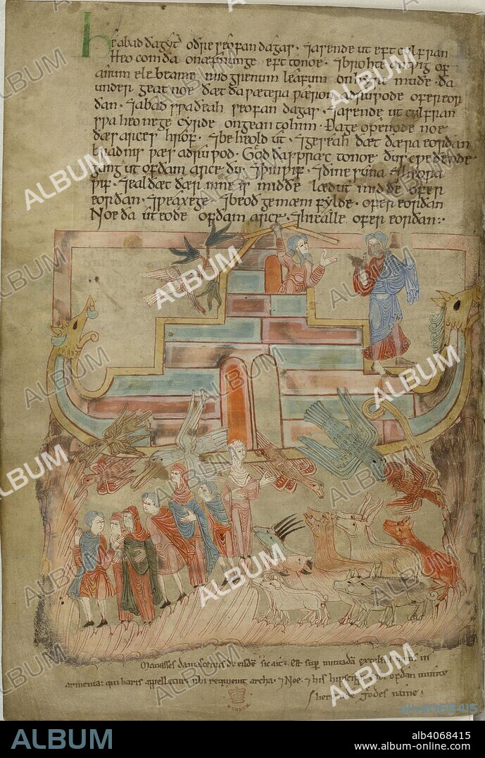 AELFRIC. [Whole folio] Genesis 8, 10-19. Above; the dove returns to the ark with the olive branch; right, God instructs Noah to evacuate the ark. Below; Noah and his family, the birds and animals leave the ark. Old English Illustrated Hexateuch. England [Canterbury]; second quarter of 11th century. Source: Cotton Claudius B. IV, f.15v. Language: Anglo-Saxon.