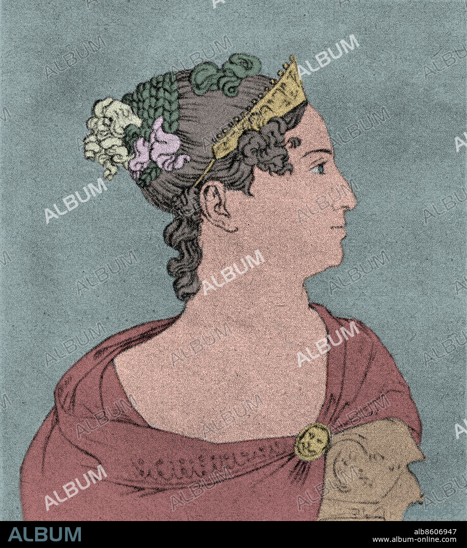 Isabella Colbran, profile portrait in classical style. Isabella Colbran married Rossini in 1822. She created leading soprano roles in a number of his operas. Spanish soprano, 2 February 1785-7 October, 1845.
Taken from Storia Della Musica, vol. III, by Andrea Della Corte & Guido Pannain, published in 1944, p. 1338.