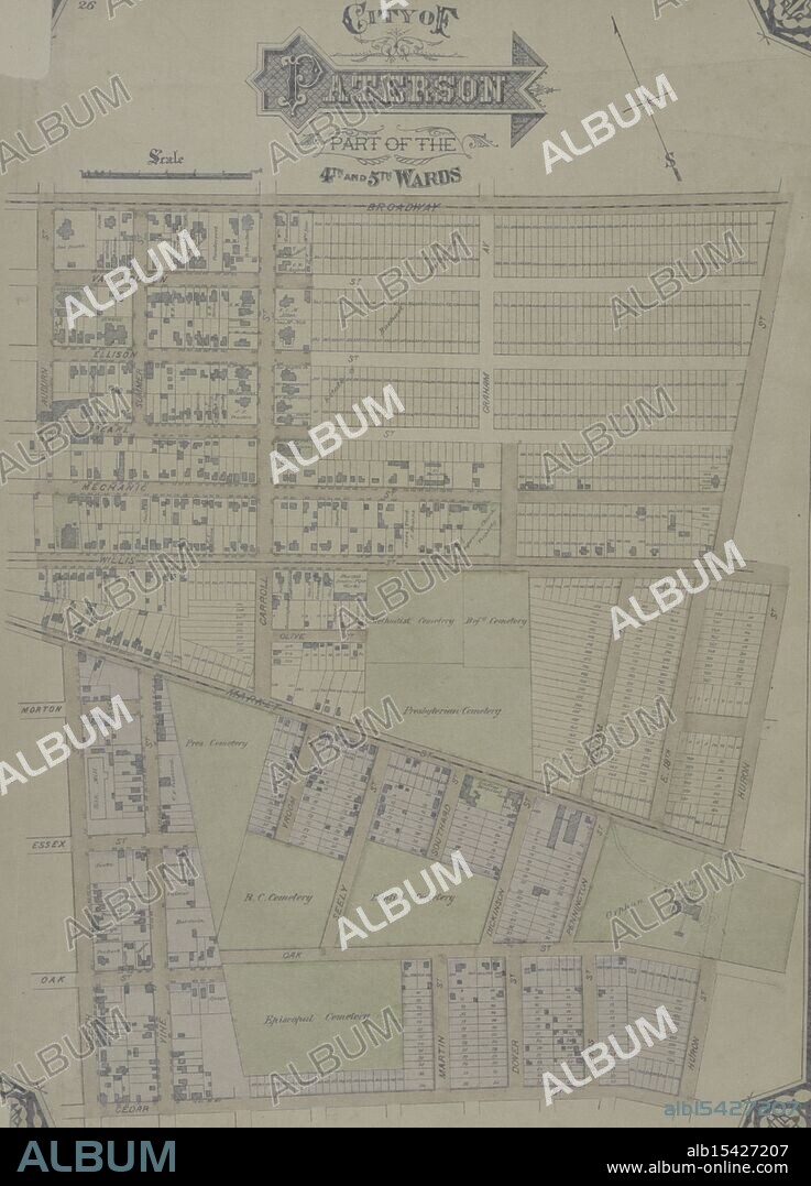 City of Paterson. Part of the 4th and 5th Wards, 1877, E.B. Hyde & Co., Place: New York, N.Y., Passaic County (N.J.), Pictorial works, Golden city map glows, Wards 4 and 5, Paterson born, Urban dreams unfold.