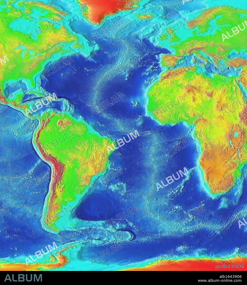 Satellite thermographic image of the Atlantic Ocean showing coldest areas in Arctic, Antarctic and high Andes as bright orange. National Oceanic and Atmospheric Administration (NOAA). Science.