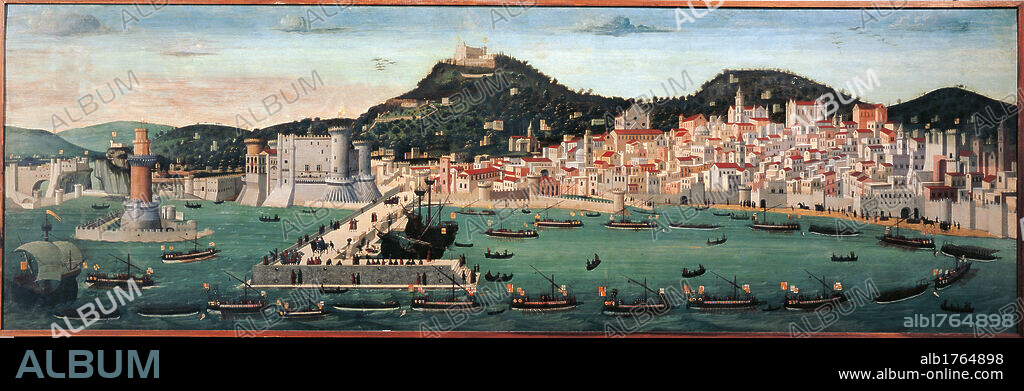 Tavola Strozzi, by Francesco Pagano, 1472-1473, 15th Century, wood,. Italy, Campania, Naples, San Martino Charterhouse and Museum. All. Gulf Naples harbor sea boats lighthouse. Authorization required for non editorial use.