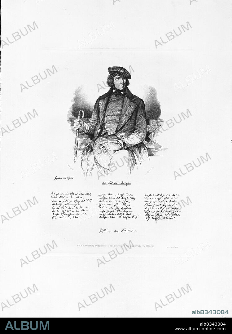 CHRISTIAN HOFFMEISTER. Portrait of August Heinrich Hoffmann von Fallersleben (1798-1874) and facsimile of the Song of the Germans.
