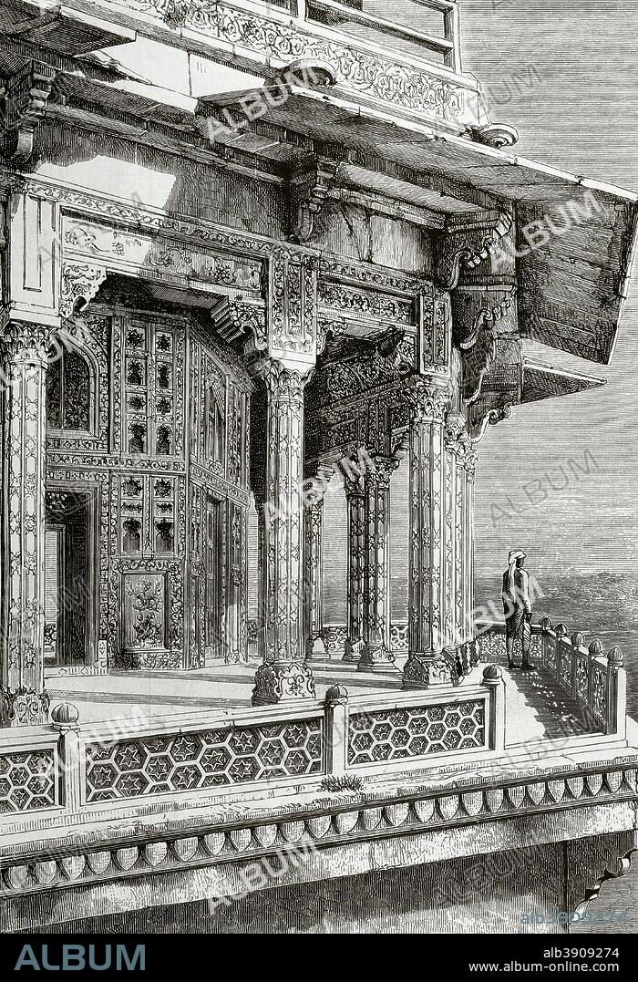 Asia. India. Agra. Mirador al este de la fortaleza-palacio de Zenana. Residencia de las esposas pertenecientes a la familia real. Construido entre 1565 y 1573 por orden del emperador Akbar. Grabado. La Ilustración Española y Americana, 22 de abril de 1876. Biblioteca Histórico Militar de Barcelona, Cataluña, España.