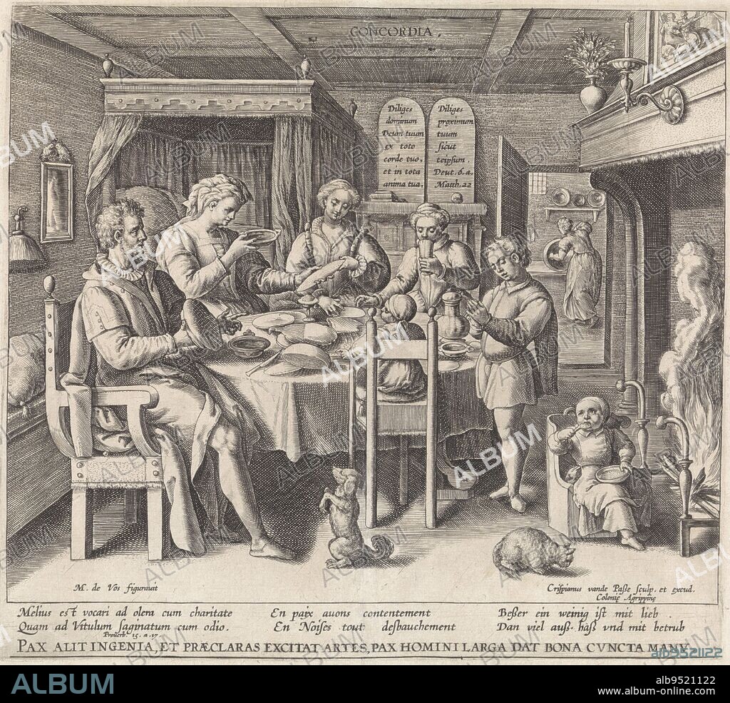 The Imagination of the virtue Eendracht (Concordia): interior with a Christian family at the meal. The father is holding a loaf of bread, the mother a bowl. The three eldest children are standing at the table. The boy has his hands folded in prayer. In front of the fireplace, a small child sits in a high chair. In the foreground a begging dog and a cat. On a cupboard against the back wall of the room are the tables of the law with bible quotes in Latin from Deut. 6 and Mat. 22. In the margin a six-line Bible quote from Spr. 15-17 and a motto in Latin. Counterpart of a print with the bad household, The good household Concordia, print maker: Crispijn van de Passe (I), (mentioned on object), Maerten de Vos, (mentioned on object), publisher: Crispijn van de Passe (I), (mentioned on object), Cologne, 1589, paper, engraving, h 220 mm × w 242 mm.