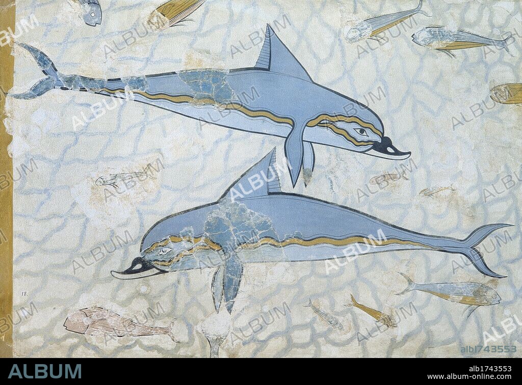 ARTE MINOICO. GRECIA. DELFINES DEL MEGARON DE LA REINA (1500 a. C.). Fresco que decora la habitación de la reina y que forma parte del panel de temática marina. Procede del palacio de Knosos. Museo Arqueológico de Heraklio. Creta.