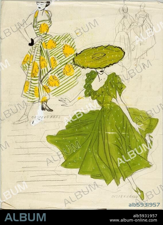 Mode:. Damenmode 50er Jahre. Sommerkleider von Oestergaard. (Entwurfskizze). Zeichnung, undat., von Gerd Hartung. (1913-2003).