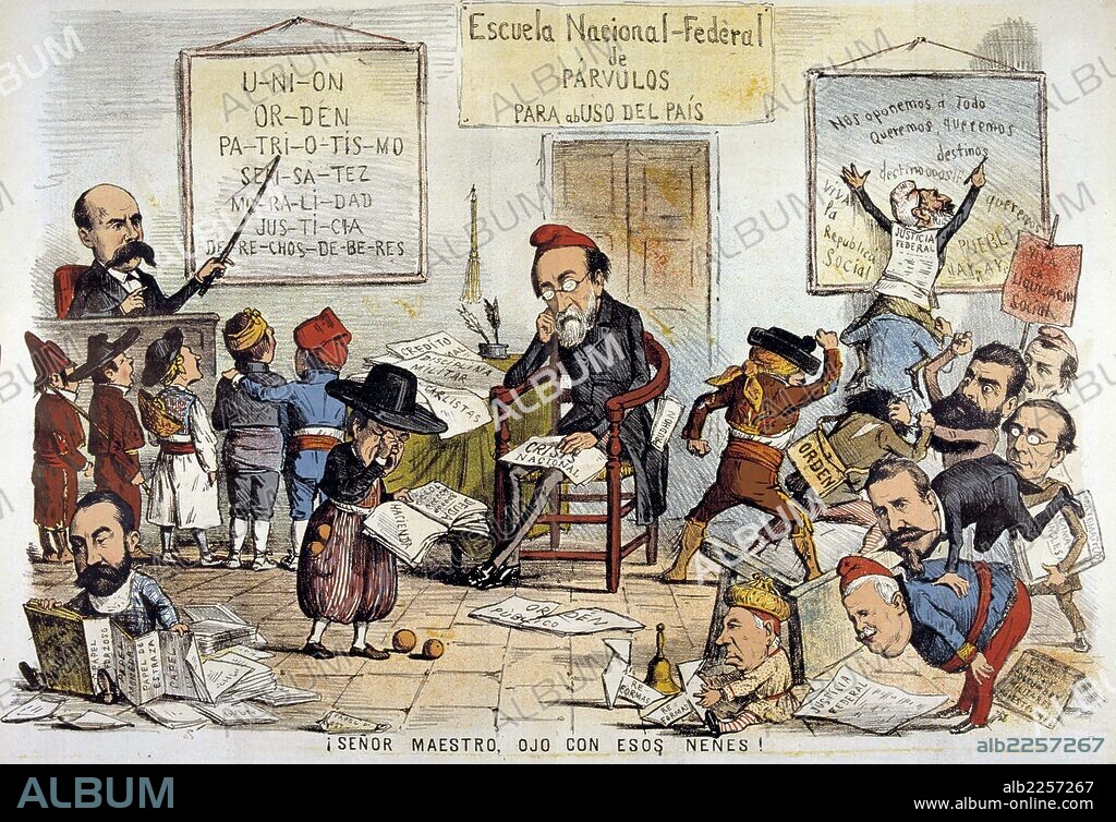 PRIMERA REPUBLICA 1873-1874. ESPAÑA. CARICATURA SOBRE LA EDUCACION EN LA REVISTA SATIRICA LA FLACA , 1873. CASTELAR Y FRANCISCO PI Y MARGALL SENTADOS.