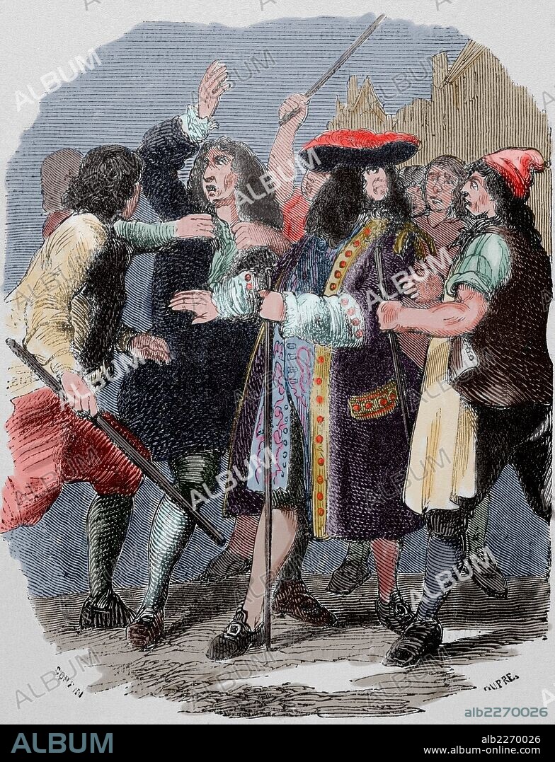 JOHN LAW (1671-1729). Economista escocés, inventor del papel moneda. Tras la impresión en Francia de tres mil millones de libras en papel moneda se produjo una gran inflación. Provocando un gran mal estar social. "El Regente, Duque de Orleans, salvando a Law del descontento del pueblo". Grabado coloreado.