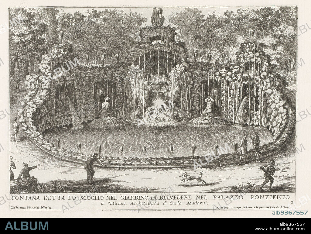 Fontana dell'Aquilone in the Vatican Gardens, Fontana detta lo scoglio nel giardino di Belvedere nel Palazzo Pontificio (...) (title on object), Le fontane ne palazzi e ne giardini di Roma (series title), Fountains in the palaces and gardens of Rome (series title), Numbered lower right: 3. The print is part of an album., print maker: Giovanni Francesco Venturini (mentioned on object), Giovanni Francesco Venturini (mentioned on object), print maker: Italy, Italy, publisher: Rome, Vaticaanstad, 1653 - 1691, paper, etching, height 218 mm × width 307 mm.