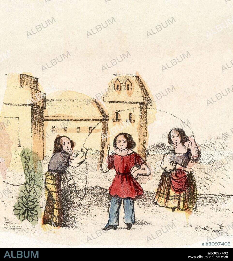 Juegos infantiles. Niñas saltando a la comba con una cuerda. Grabado popular coloreado a mano. Siglo XVIII.