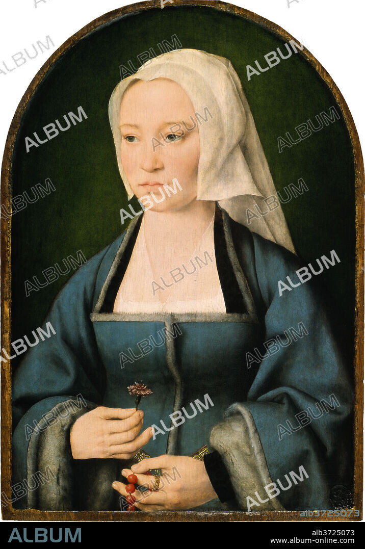 JOOS VAN CLEVE. Margaretha Boghe, Wife of Joris Vezeleer. Dated: probably 1518. Dimensions: painted surface: 55.1 x 37.2 cm (21 11/16 x 14 5/8 in.)  overall (panel, rounded top): 57.1 x 39.6 cm (22 1/2 x 15 9/16 in.)  framed: 66 x 48.9 cm (26 x 19 1/4 in.). Medium: oil on panel.