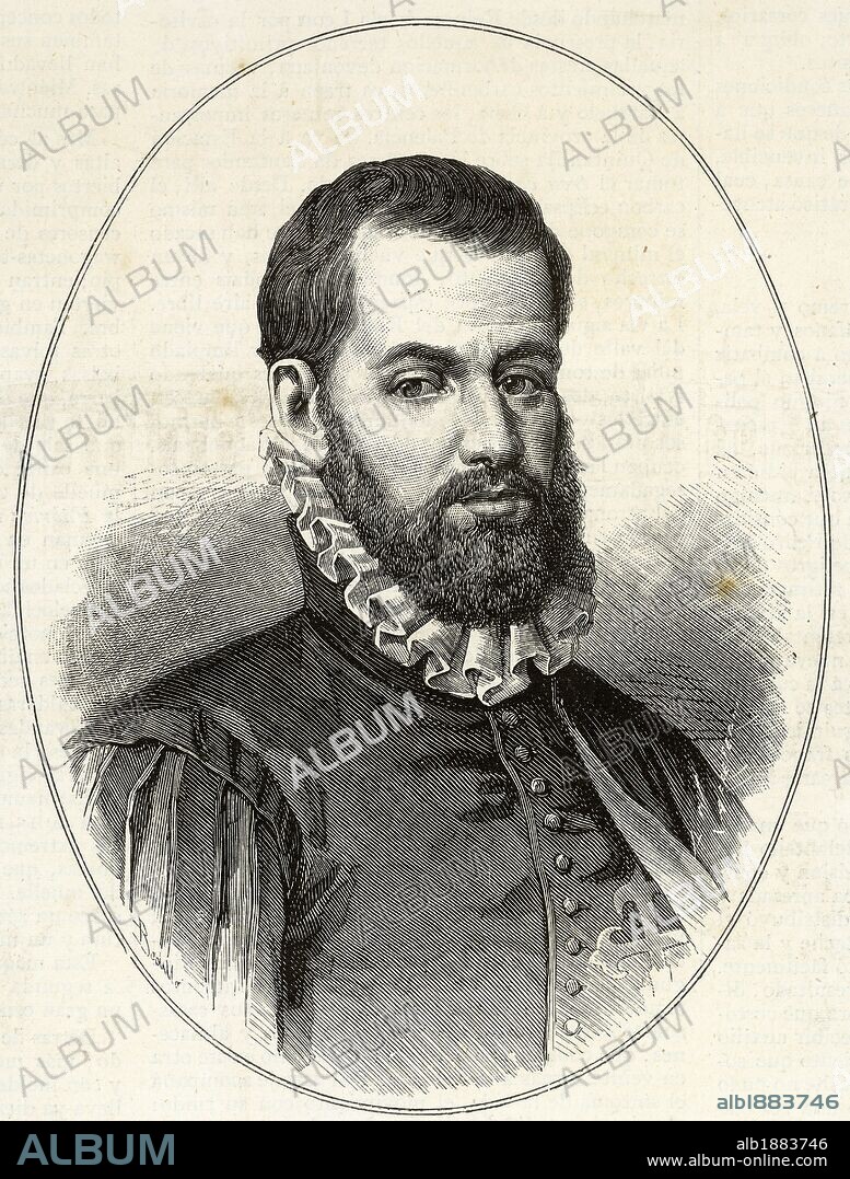 MENENDEZ DE AVILES, PEDRO (Santa Cruz de Zarza, 1519-Santander, 1574). Marino y conquistador español. Fue capitán general de la flota de Indias en 1556. Grabado de "La Ilustración Española y Americana". Año 1880.