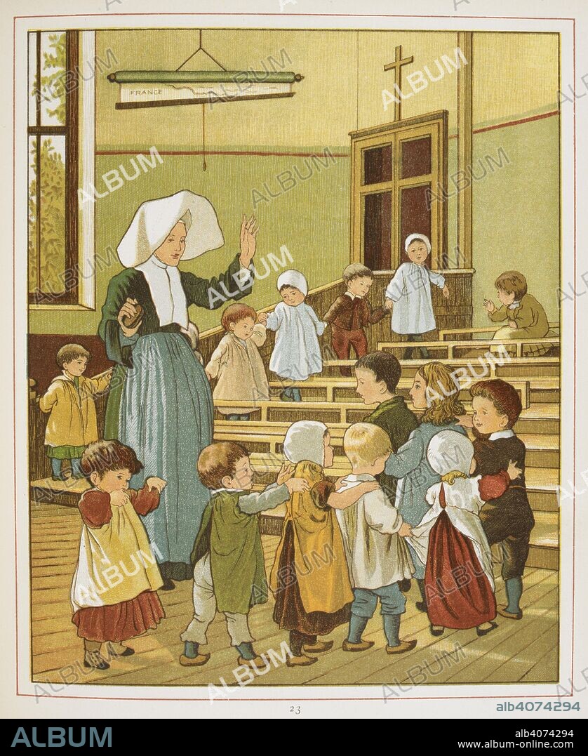 THOMAS CRANE and ELLEN HOUGHTON. The school-room of a creche. Children with a nun. Colour Illustration from â€˜Abroadâ€™. . Abroad. Marcus Ward & Co.: London, 1882. Source: 12810.d.28 page 23. Language: English.