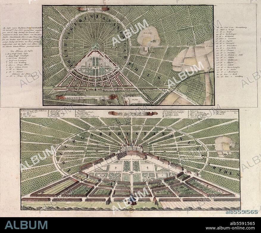 Karlsruhe (Baden), - "Grundriß / Prospect gegen Mittag". (Stadtplan und Vogelschau der Residenzstadt Karlsruhe). Kupferstich, koloriert, unbez., 1715. Paris, Bibliothèque Nationale.