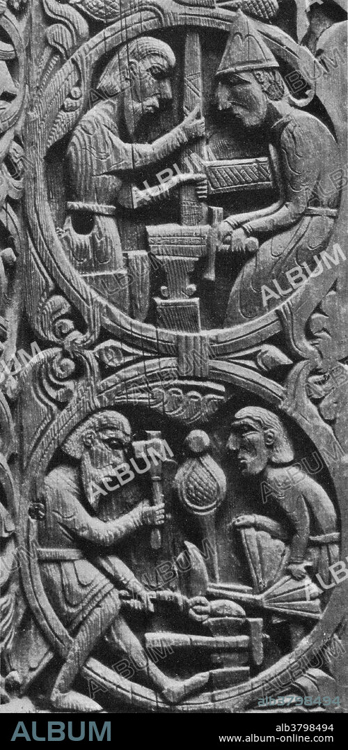 Details carved on a stave-church portal at Hyllestad in Norway dating from the 12th century illustrating the saga of Sigurd Favnesbane (legendary hero of Norse mythology). In the scene at the bottom, the sword Gram is being forged. The smith is holding a piece of iron in his tongs, hammering it out on the anvil while an apprentice tends the bellows. In the upper scene the finished sword is tried on the anvil and breaks. During the Viking age all free Norsemen were required to own and carry weapons, not only for defensive purposes but also to verify a Vikings social status within their clan. With the spear, sword and shield being the basic armaments of a typical Viking warrior, the art of the blacksmith was especially essential.