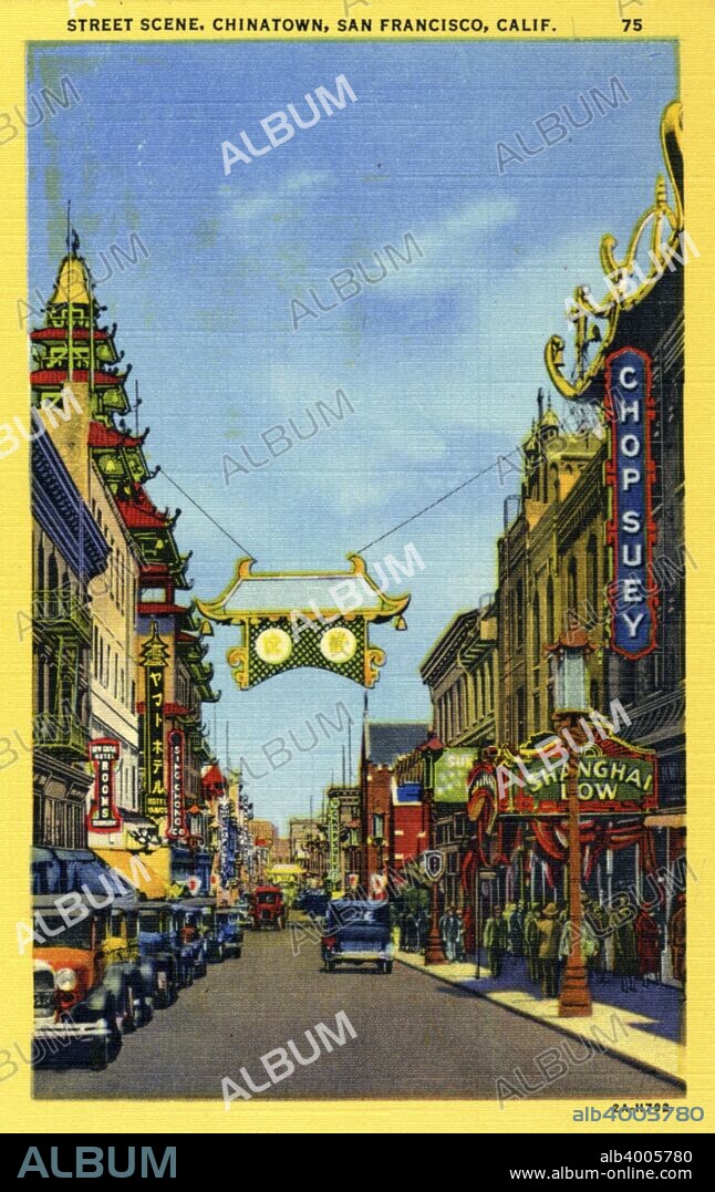 Street scene, Chinatown, San Francisco, California, USA, 1932. Vintage linen postcard showing a view down a street in Chinatown. Cars line the street and pedestrians crowd the sidewalk. Store fronts with neon signs are visible down the street. Established by immigrants in the 1840s, San Francisco's Chinatown is the largest in North America and is one of the biggest Chinese communities outside Asia.