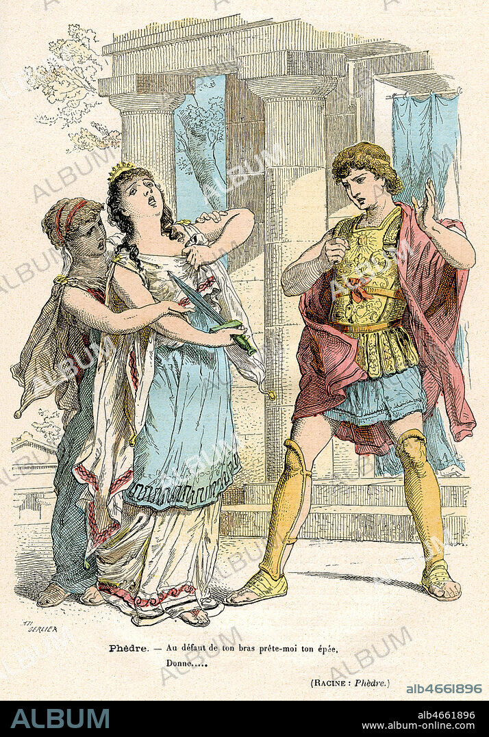 'Au defaut de ton bras, prete-moi ton epee, Donne...'. Hippolyte Oenone et Phedre. Illustration de1880 par J. GERLIER (ne en 1826) pour Phedre de Jean RACINE (1639-1699) repris dan Les grands ecrivains et les grandes oeuvres par Aristide ROGER. Credit : Coll. Jonas/KHARBINE-TAPABOR.