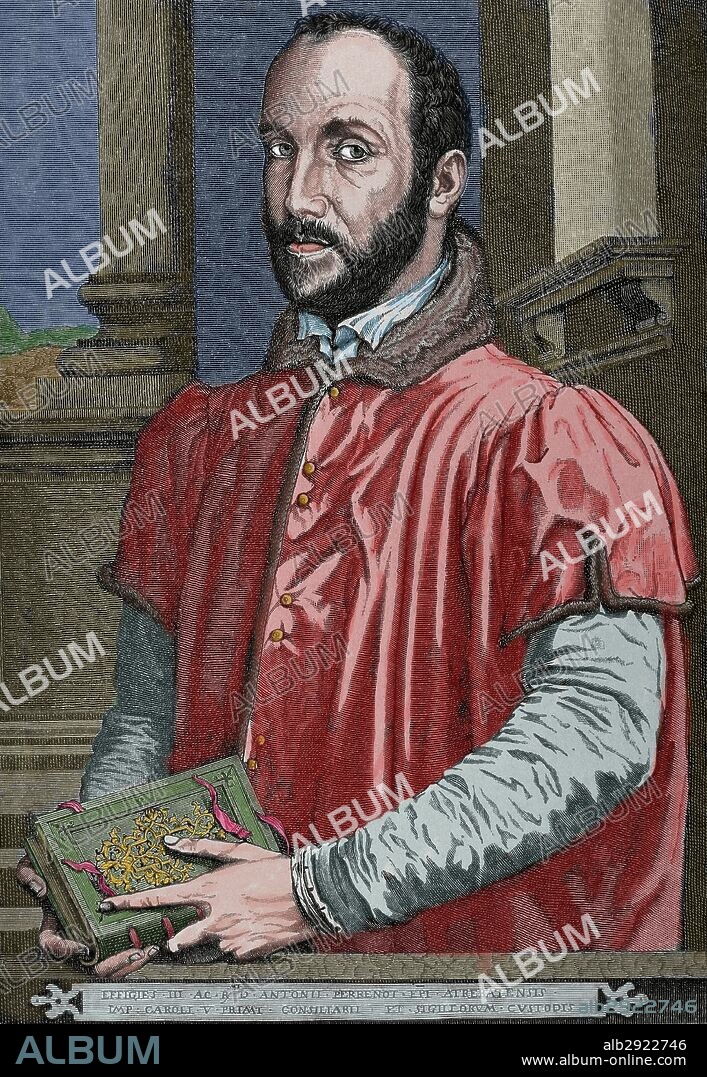 GRANVELA, Antonio Perrenot de Granvela, conocido como cardenal (Ornans,1517-Madrid,1586). Político español defensor del absolutismo. Formó parte del Consejo de Estado de Felipe II. Gobernó el país durante los dos años que Felipe II estuvo en Portugal. Grabado coloreado.