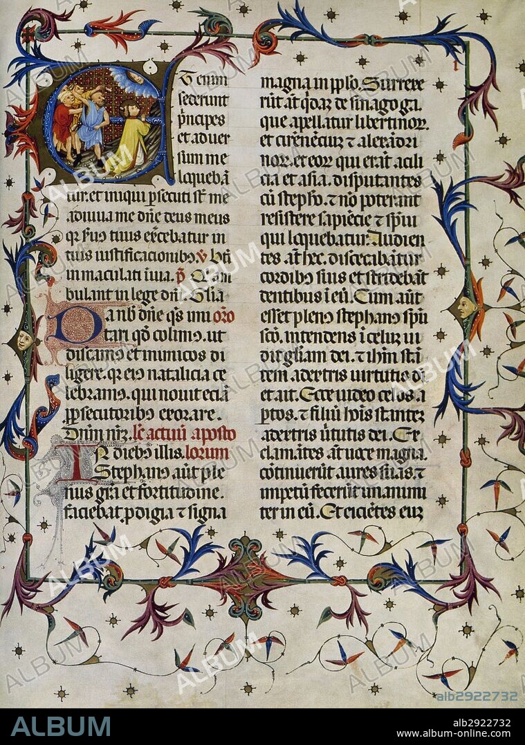 SIGLO XV. "MISAL DE SANTA EULALIA". Códice de la Catedral de Barcelona escrito, hacia 1403, en letra gótica. Misal manuscrito plenario íntegro. "MARTIRIO DE SAN ESTEBAN" (folio 230 a). Miniaturas de Rafael DESTORRENTS. Archivo de la Catedral de Barcelona. Cataluña.