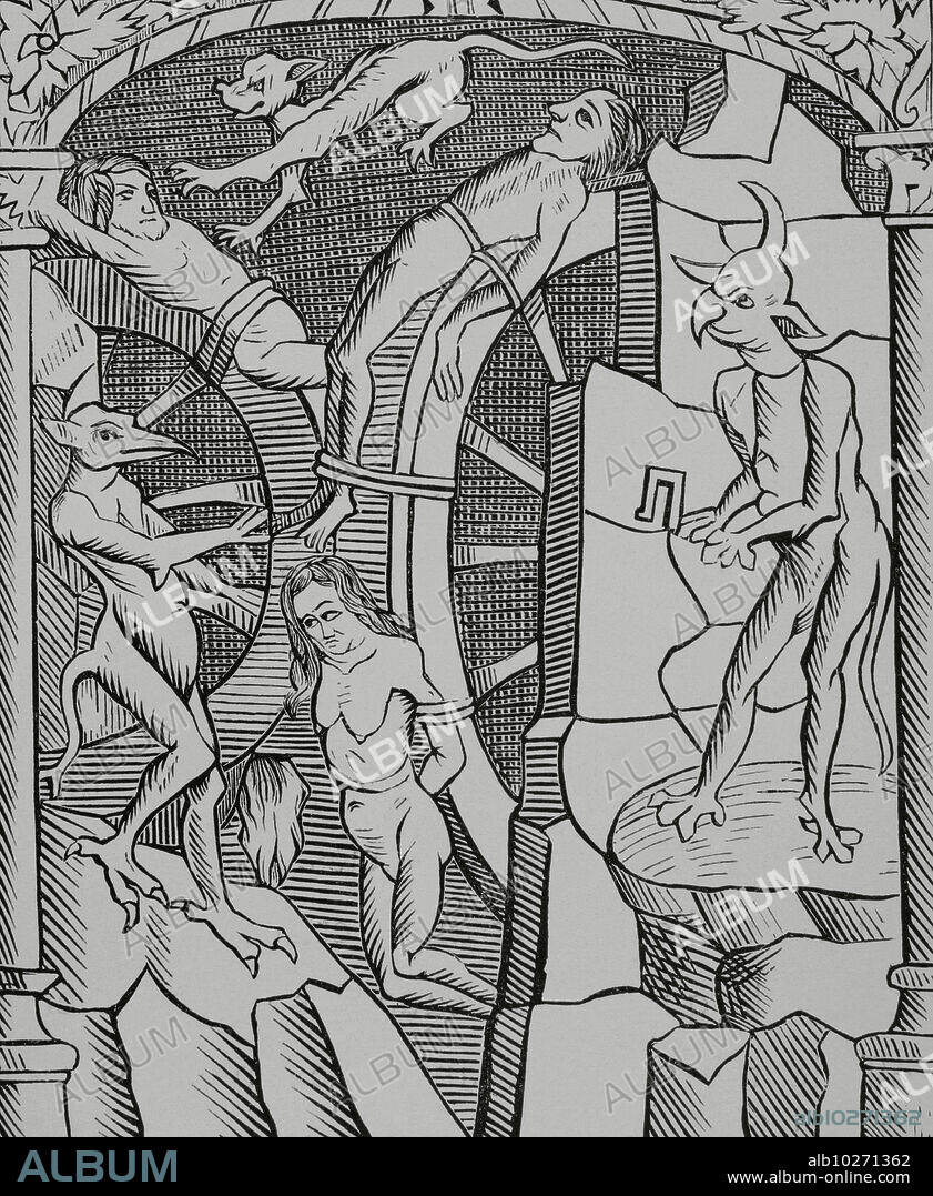 Tortura de la rueda, llevada a cabo por demonios. Grabado a partir de "Le grant Kalendrier et compost des Bergiers", Troyes, 1529. "Moeurs, usages et costumes au moyen-âge et à l'époque de la Renaissance", por Paul Lacroix. París, 1878.