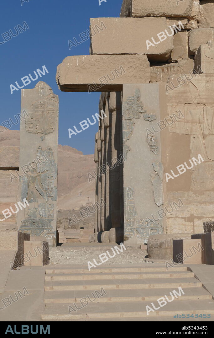 The Ramasseum, mortuary temple, of Pharaoh Ramesses II, in the Theban necropolis in Upper Egypt. Jean-François Champollion, visited the ruins of the site in 1829 and first identified the hieroglyphs making up Ramses' names and titles on the walls. Ramesses II. The design of Ramses' mortuary temple adheres to the standard canons of New Kingdom temple architecture..