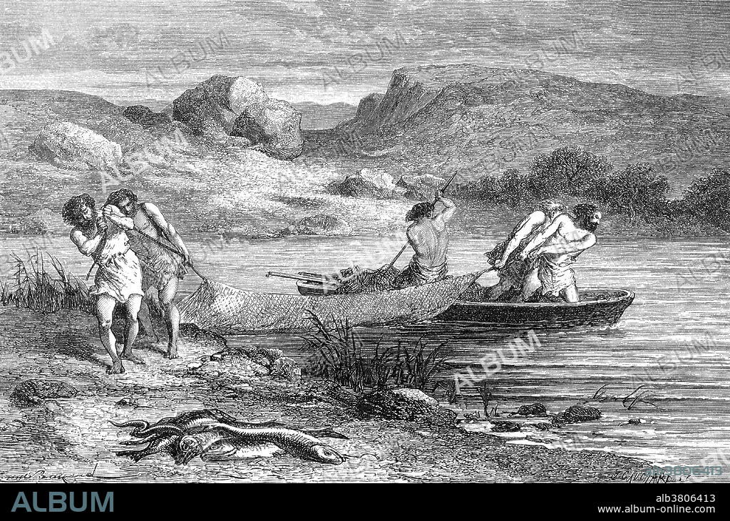 Captioned: "Fishing during the Polished Stone Epoch. There were nets with wide meshes, and also some more closely netted. These nets were held suspended in the water by means of floats, made not of cork, but of the thick bark of the pine tree, and were held down to the bottom of the water by stone weights." The Neolithic Period, or New Stone Age, was a period in the development of human technology, beginning about 10,200 BC and ending between 4,500 and 2,000 BC. What was also once called the polished Stone age was a period characterized by beautiful weapons and instruments made of flint and other kinds of stone. Caption excerpted from "Primitive Man" by Louis Figuier, 1871.