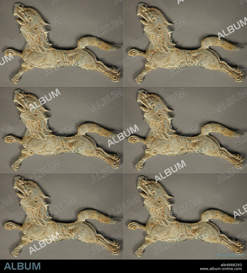 Plaque, China, Tang dynasty (618907), Culture: China, Lead, pigment, H. 4 in. (10.2 cm); W. 5 3/8 in. (13.7 cm), Metalwork.