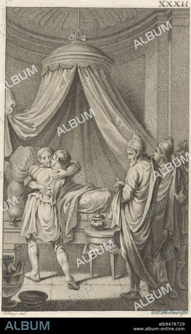 Lucius Scipio, the son of Publius Cornelius Scipio Africanus, has been sent back home by Antiochus. He is taken into his arms by his ailing father. Return of Scipio's son, print maker: Ludwig Gottlieb Portman, (mentioned on object), intermediary draughtsman: Jacobus Buys, (mentioned on object), Amsterdam, 1796, paper, etching, h 204 mm × w 131 mm.