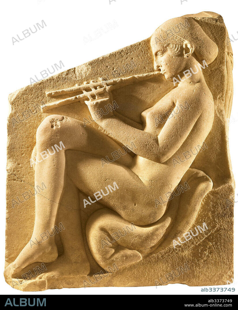 CLASSICAL ANTIQUITIES. An aulos player. Altar of Aphrodite, so-called Ludovisi Throne, Left-hand panel.