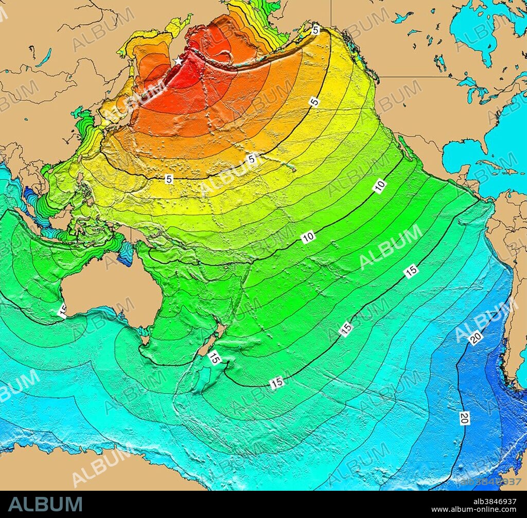The magnitude 9.0 Mw earthquake on November 4, 1952 off the east coast of Kamchatka generated a 13-meter wave locally. The waves struck the Hawaiian Islands at 1:00 pm. Property damage from these waves in the Hawaiian Islands was estimated at $800,000 to $1,000,000; however no lives were lost. It also caused damage on the west coast of the United States and was observed on tide gauges throughout the Pacific Basin. Map generated using Tsunami Travel Time (TTT) software: calculates first-arrival travel times on a grid for a tsunami generated at an earthquake epicenter. Map contours: 1 hour intervals: red 1-4 hour arrival times, yellow: 5-6 hour arrival times, green: 7-14 hour arrival times, blue: 15-21 hour arrival times. Maps were generated from earthquake epicenters in the NGDC Global Historical Tsunami Database using NGDC 2 Minute Gridded Global Relief Data bathymetry. Maps do not provide the height or the strength of the wave, only the arrival times.